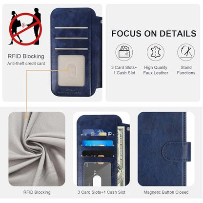VANAVAGY Wallet Case for iPhone 11 6.1 inch, Navy Blue | 12ft Drop-proof Cover for Women Men, Silm PU Leather, RFID Blocking Card Holder, Wrist Strap, Screen Protector - color: Navy Blue