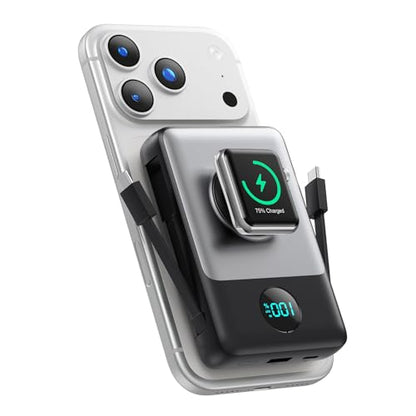 Magnetic Portable Charger for iPhone 18/17/16,10800mAh Power Bank with Built-in Cables & LCD Display,25W PD Fast Charging Battery Pack for iPhone 18 Pro/18 Pro Max/17/16/15/14/13/12 Series,Apple Watch