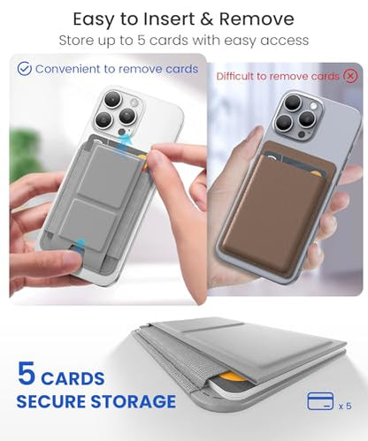 GONEZ for MagSafe Wallet with Stand, Stronger Magnetic Card Holder for iPhone 17/16/15/14/13/12 Series, Premium Leather Phone Wallet with RFID Blocking, 1 Slot, Fit 5 Cards, Light Grey - color: LIGHTGREY
