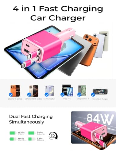 LISEN Retractable Car Charger, Pink-White - color: White-Pink, size: 31.5 Inch