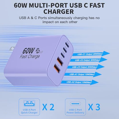 3Pack 60W USB C Fast Charging Block,Apple 60W 5Port USBC Wall Charger Block - color: Purple
