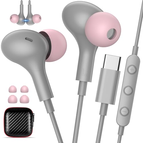 USB C Earbuds with Microphone Cute in Ear Wired Headphone - color: Grey Pink