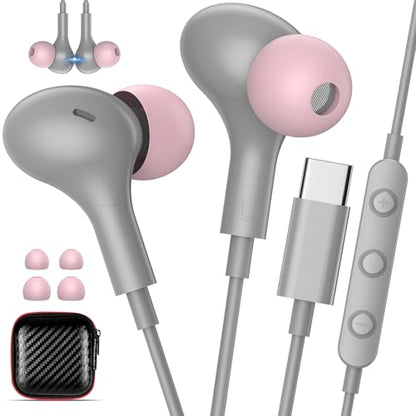 USB C Earbuds with Microphone Cute in Ear Wired Headphone - color: Grey Pink