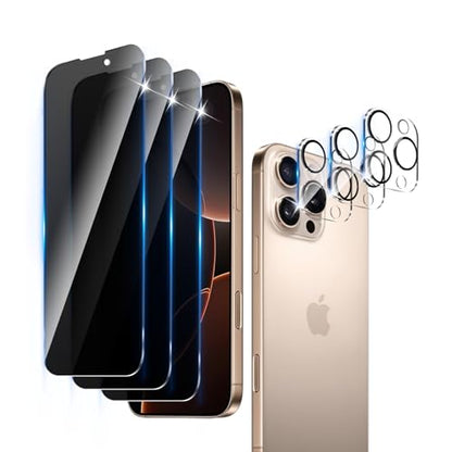 3+3 Pack Privacy Screen Protector Designed for iPhone 16 Pro Max With 3 Pack Camera Lens Protector,Full Coverage Anti-Spy Tempered Glass Film,9H Hardness,Bubble Free,Easy to Install - color: iPhone 16 Pro Max FK33