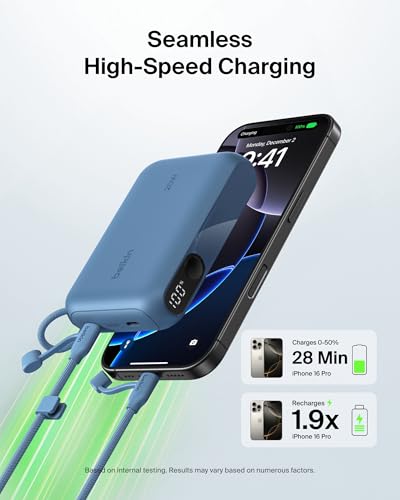 Belkin 10000mAh 20W Slim Power Bank, Digital Display, 2 USB C Ports - color: Blue, style: 10K mAh