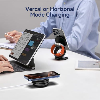 KU XIU X63 3 in 1 Charging Station for Apple, Aluminum Alloy Foldable Magnetic Wireless Charger, Travel Charger for iPhone 17/16/15/14/13/12 Series, Apple Watch & AirPods(with 20W Adapter)-Black - color: Black
