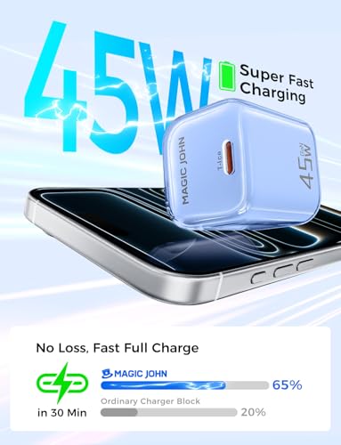 MAGIC JOHN 45W PD USB C Charger, Fast Charging Wall Power Adapte, Blue - color: Blue