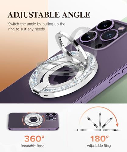 GVIEWIN Magnetic Phone Ring Holder, Compatible with MagSafe Phone Grip | Adjustable Stand, Magnet Phone Ring Kickstand, for iPhone 17/16/15/14/13/12 Pro Max Plus Air/Other Phones (Glitter/Silver) - color: A-Glitter/Silver