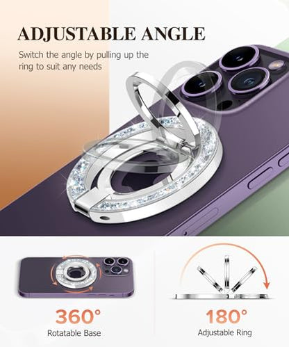 GVIEWIN Magnetic Phone Ring Holder, Compatible with MagSafe Phone Grip | Adjustable Stand, Magnet Phone Ring Kickstand, for iPhone 17/16/15/14/13/12 Pro Max Plus Air/Other Phones (Glitter/Silver) - color: A-Glitter/Silver