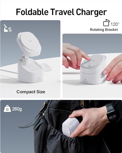 iWALK 3-in-1 Magnetic Wireless Charging Stand, 15W Foldable Charger Station for iPhone 16/15/14/13/12, Apple Watch & AirPods, Adjustable Dock with 20W USB-C Adapter - color: white