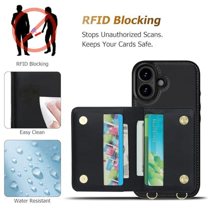 LOHASIC iPhone 17 Case Wallet for Women, Detachable & Adjustable Crossbody Strap with Wrist Strap, 4 Card Slots & 2 Cash Slots, RFID Blocking Phone Case Wallet Built-in Kickstand, Black - color: Black, size: iPhone 17
