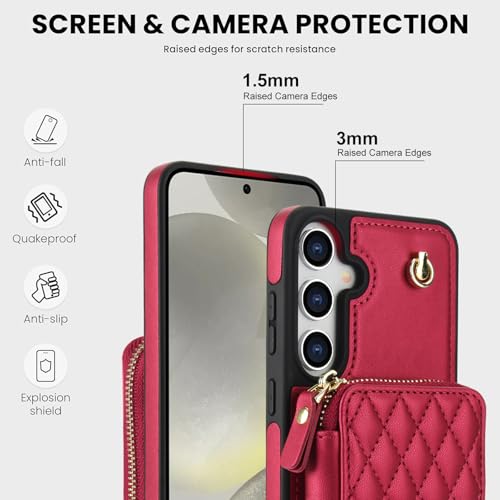 Asuwish Phone Case for Samsung Galaxy S25 5G Wallet Cell Cover with Tempered Glass Screen Protector Wrist Crossbody Strap RFID Blocking Credit Card Holder Slot S 25 25S 25 25S SM-S931U Women Girls Red - color: Red