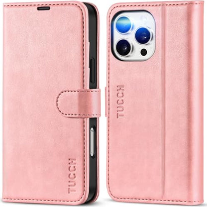 TUCCH Case Wallet for iPhone 16 Pro Max, RFID Blocking Folio, Rose Gold | 4 Card Holders, Kickstand, PU Leather, Magnetic Closure, Shockproof TPU Shell, Protective Flip Cover - color: Rose Gold