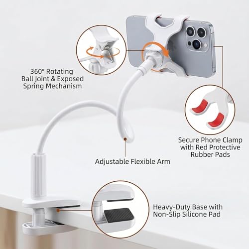 Gooseneck Phone Holder, 27.5" Flexible Phone Holder for Bed Desk, 360° Rotation Cell Phones Stand with Clamp, Heavy Duty Bracket for Bedside Living Room/White - color: White