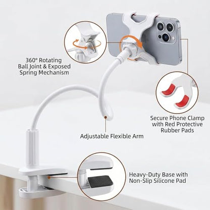 Gooseneck Phone Holder, 27.5" Flexible Phone Holder for Bed Desk, 360° Rotation Cell Phones Stand with Clamp, Heavy Duty Bracket for Bedside Living Room/White - color: White