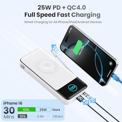 Portable Charger for iPhone with Built-in Cables and AC Wall Plug,26800mah Fast Charging USB C Power Bank,25W PD Travel Essential Battery Pack for iPhone 17/16/15/14/13,Galaxy,Apple Watch (White) - color: White