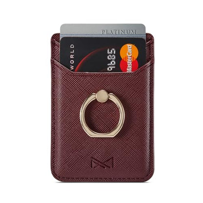 Card Holder Sleeve with Ring, RFID Credit Wallet PU Leather Stick On Back Grip for iPhone Samsung Smartphone - Burgundy - color: Burgundy