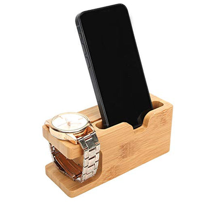 Bamboo Charging Dock Station, Multifunctional Phone and Watch Holder with Cable Management for Office Home and Car Use