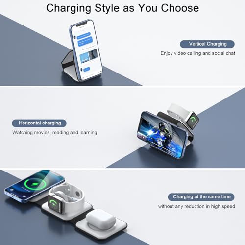 3 in 1 Wireless Charging Station for Apple,Foldable Magnetic Travel Charger - color: moon white
