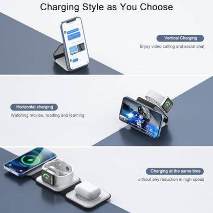 3 in 1 Wireless Charging Station for Apple,Foldable Magnetic Travel Charger - color: moon white