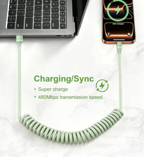 USB to USB C Cable Fast Charging 60W, 2Pack 6FT Coiled USB A to USB C Cable - color: Green, size: 6FT