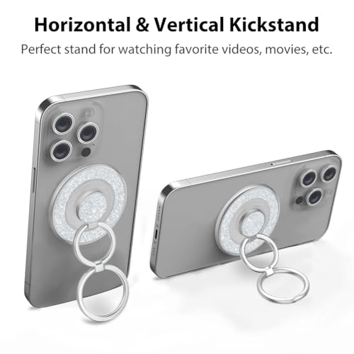 Magnetic Phone Grip Compatible with MagSafe, Magnetic Phone Ring Holder Finger Kickstand Wireless Charging Compatible, Double Cell Phone Rings Gripper Stand for MagSafe iPhone - Sparkle Silver - color: Sparkle Silver