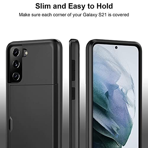 Jiunai for Samsung Galaxy S21 Case Wallet Credit Card IDs Cash Holder Black | Slide Cover Dual Layer Hybrid Protective Hard PC Soft TPU Rubber Cover Phone Case for Samsung Galaxy S21 5G 6.2'' Women Men - color: Black