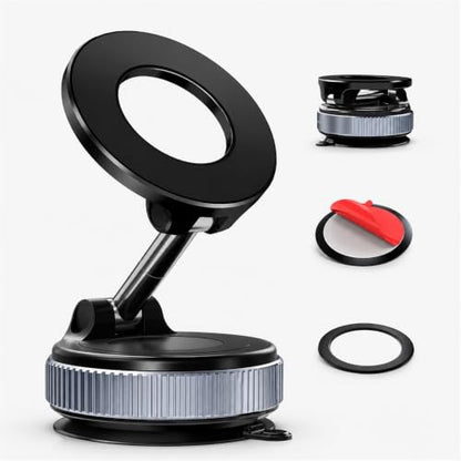 Magnetic Car Phone Mount for Dashboard, Vacuum Suction Phone Holder with Strong MagSafe-Compatible Grip, Foldable Design, 360° Rotation, Dashboard Pad Included, for iPhone & Smartphones