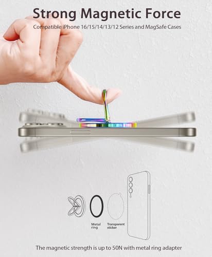 Magnetic Phone Ring Grip Finger Kickstand, Transparent Magnetic Phone Grip for iPhone 17 16 15 Pro Max Plus & Android (Colorful) - color: colorful