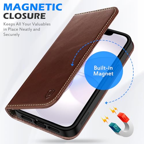 SHIELDON Genuine Leather Flip Wallet Case for iPhone 17e/16e, Retro Coffee | RFID Blocking, Credit Card Holder, Magnetic Closure, Kickstand, Folio Design, Soft Shock-Absorbent Phone Cover - color: Retro Coffee