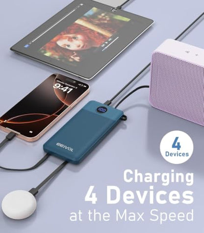 Portable Charger with 4 Built-in Cables, 10000mAh Power Bank, Blue - color: Blue