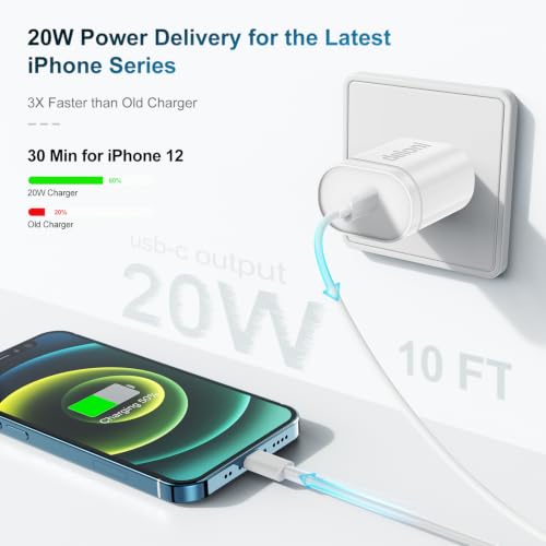 for iPhone Charger Fast Charging 10 FT, Long USB C to Lighting Cable 10 Foot with 20W USB C Rapid Phone Charger Block, Compatible with iPhone 14 Pro/13Pro Max/12/11Pro/Mini, 2 Pack-White - color: White, size: 10FT+10FT