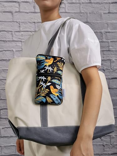 Tainada 2-Zip Neck Phone Pocket Bag w/Belt Loop (Birds Floral Navy Blue) | For Men/Women; Water-resistant neoprene pouch, shockproof, lightweight, w/carabiner; Compatible with most of smartphones - color: Birds Floral Navy Blue