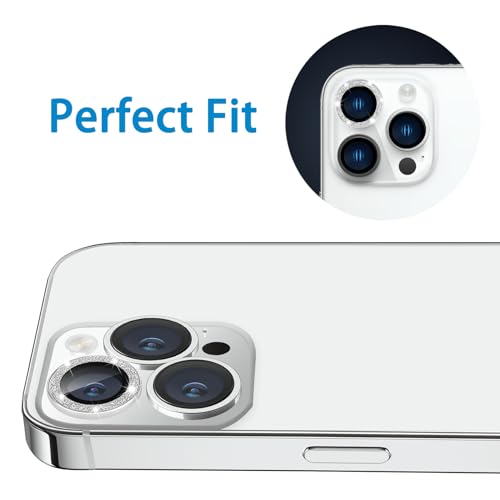 for iPhone 15 Pro & iPhone 15 Pro Max Camera Lens Protector, Bling Glitter Diamond Lens Cover 9H Tempered Glass Camera Cover Anti Scratch Shockproof Screen Protector- 3PCS Glitter Silver - color: Silver Glitter