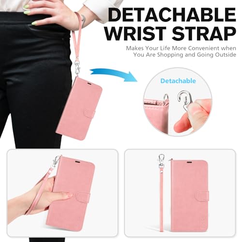 TUCCH Wallet Case with Wrist Strap for iPhone 14 Pro (6.1") 2022, Rose Gold | 4 Card Holders, RFID Blocking, Viewing Stand, Shockproof TPU Shell, PU Leather, Magnetic Closure, Folio Flip Cover - color: Strap - Rose Gold