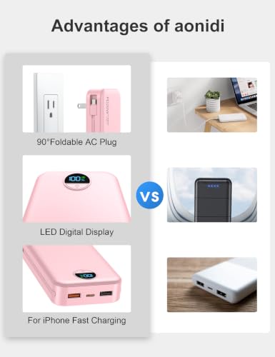 Portable Charger Power Bank 20000mAh with Built in Cables & Wall Plug - color: Pink