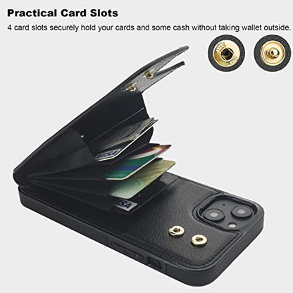Folosu Compatible with iPhone 14 Plus Case Wallet with Card Holder, 360°Rotation Finger Ring Holder Kickstand, RFID Blocking Leather Protective Double Buttons Shockproof Cover 6.7 Inch Black - color: Black, size: iPhone 14 Plus