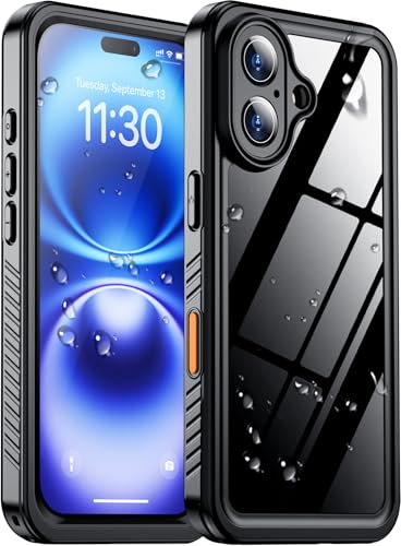 Compatible with iPhone 16 Case Waterproof, Built-in Screen & Camera Protector IP68 Underwater Full Body 16FT Military Dropproof Shockproof Phone Case 6.1"-Black/Clear - color: Black, size: iPhone 16