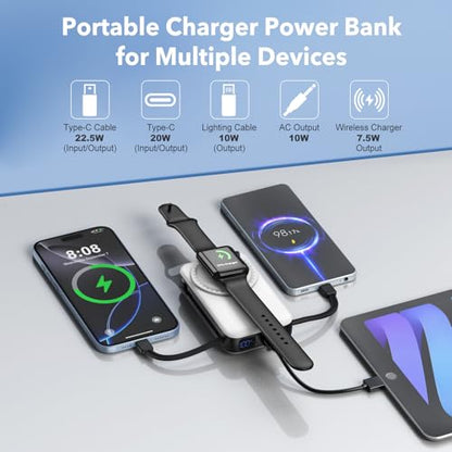 Magnetic Portable Charger 10000mAh for iPhone with Built-in Cables and Wall Plug,Wireless Power Bank with iWatch Charger,LCD Display 22.5W Fast Charging Battery Pack for iPhone 16/15/14/13/12 (White) - color: White