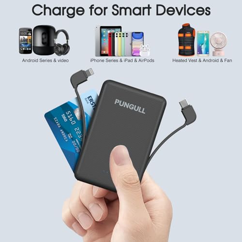 Slim Portable Charger 5000mAh - Compact Mini Small Power Bank Built-in Cable Cute Mobile Cell Phone External Battery Pack 5V 2.1A USB-C Compatible with iPhones 6/7/8/X/XS/XR/11/12/13/14 Airpods