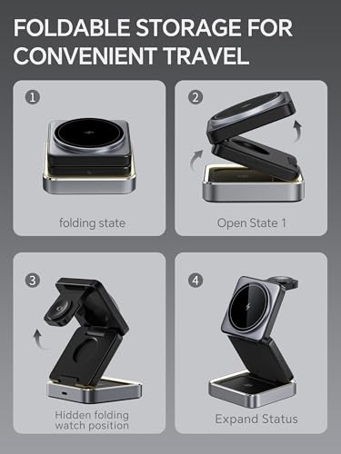 3 in 1 Wireless Charger for iPhone 17 16 15 14 13 12 11 Pro Max Foldable Wireless Charging Station with Night Light for MagSafe Travel Magnetic Charger Stand Fast Charging for AirPods Apple Watch B