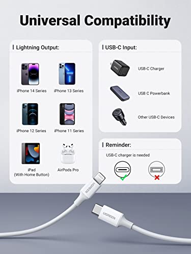 UGREEN USB C to Lightning Cable- 3FT MFi Certified PD Fast Charging Lightning Cord Compatible with iPhone 16/15/14/14 Pro/13/13 Pro/12/12 Pro/11, MacBook, iPad, AirPods Pro - size: 3FT