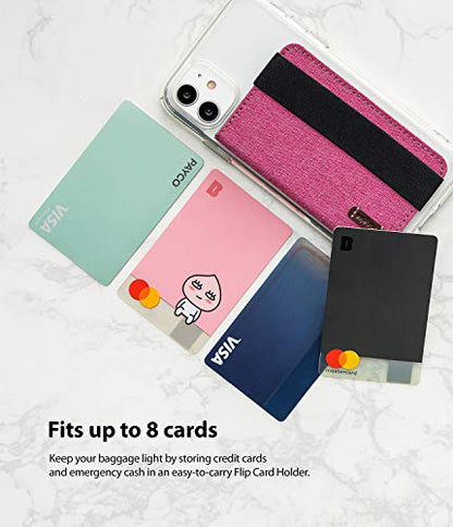 Ringke Flip Card Holder with Elastic Hand Strap Slim Soft Band Grip Fashion Multi-Card Slot 3M Stick-On Wallet Credit Card Cash Mini Pouch Attachment Compatible with Most Smartphones - Pink - color: 1-Band Pink