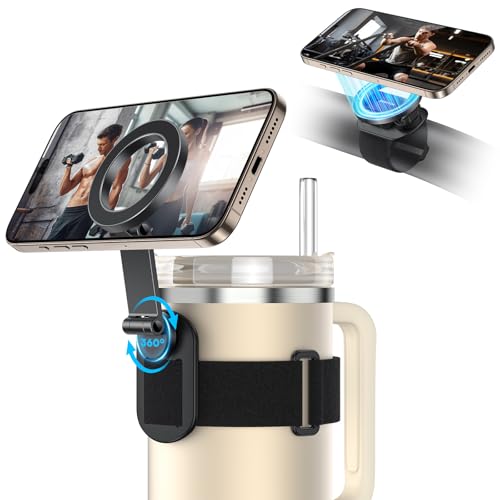 OMOTON Magnetic Phone Holder for Magsafe, 360° Rotation with 2 Straps, Strong Magnets Compatible with 30oz Stanley 16-64 oz Bottle, Gym Equipment, Steering Wheel & Stroller