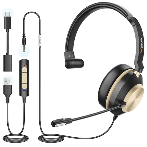 Wantek USB Headset with Microphone for PC, Wired On-Ear Headphones, Noise Cancelling Mic, USB/3.6mm/Type-C Headsets for Home Office, Work, Call Center, Online Courses, Skype, Zoom（Gold） - color: Gold