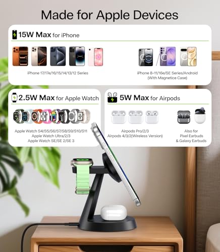 3 in 1 Magnetic Charging Station for iPhone 17-12 Series, iWatch &AirPods - size: 15W Max for Phone