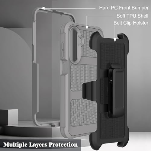for Samsung Galaxy A16 5G Case with 2 Pack Tempered Glass Screen Protector, [Holster Series] Belt Clip Hard Tough Heavy Duty Rugged Shockproof Protective Cell Phone Case (Gray) - color: Gray