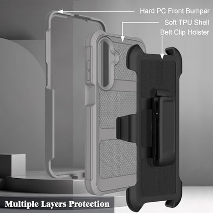 for Samsung Galaxy A16 5G Case with 2 Pack Tempered Glass Screen Protector, [Holster Series] Belt Clip Hard Tough Heavy Duty Rugged Shockproof Protective Cell Phone Case (Gray) - color: Gray