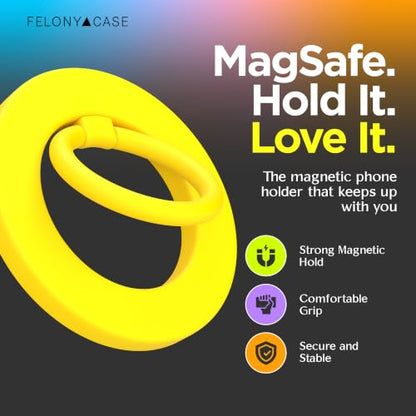 FELONY CASE - Neon Yellow MagSafe Ring Grip and Stand - Version 2.0 - Improved Stronger Magnet, Magnetic Phone Ring Holder for MagSafe Compatible iPhone 17, 16, 15, 14, 13,12, Pro Max- Drop Protection - color: Neon Yellow