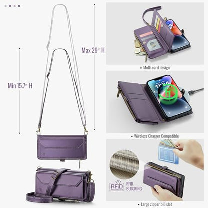 Strapurs Wallet Case Compatible with iPhone 14 RFID Blocking 7-Card Holder Soft PU Leather Magnetic Snap Shoulder Strap Zipper Pocket Phone Case Fit for iPhone 14 for Women 6.1" - Purple | RFID Blocking 7-Card Holder, Shoulder Lanyard, Wirst Strap, Zipper